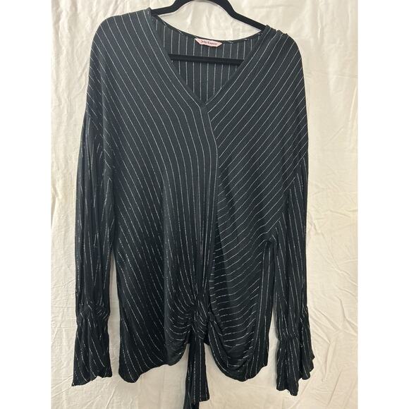 Juicy Couture Tops - Juicy Couture Tie Waist Long Flowy Bell Sleeve Black Silver Stripes Witchy‎ Sz L